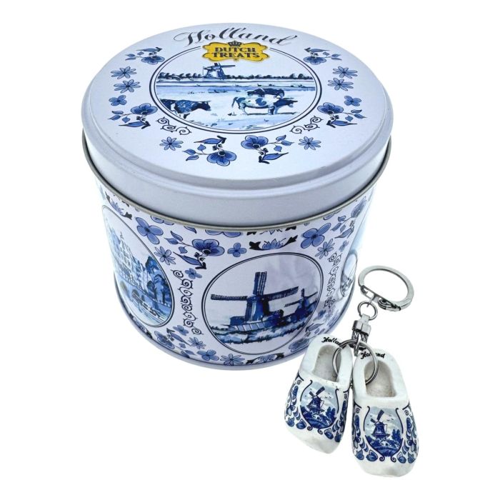 Delfts Blauw Traditioneel Blik met Stroopwafels en sleutelhanger
