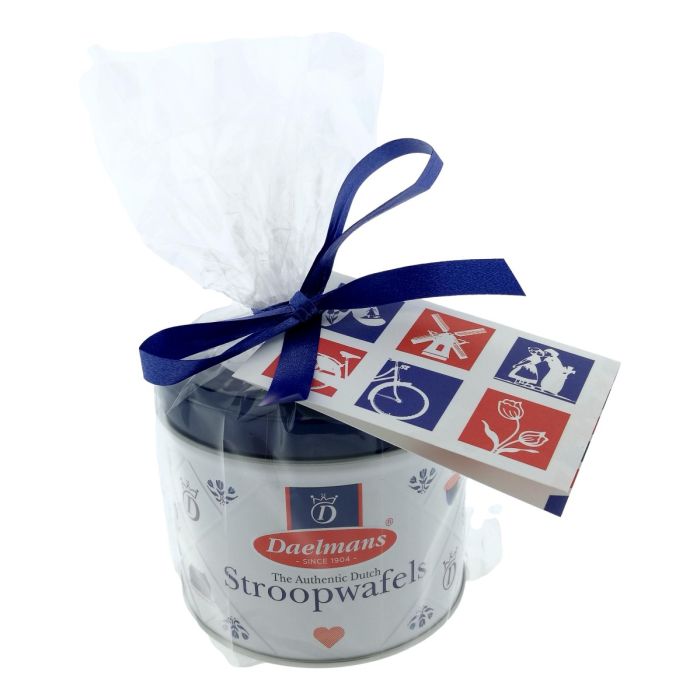 Stroopwafels in blikje, met cadeaubericht