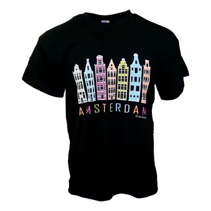 T-Shirt Amsterdam Gekleurde Grachtenpanden , Zwart