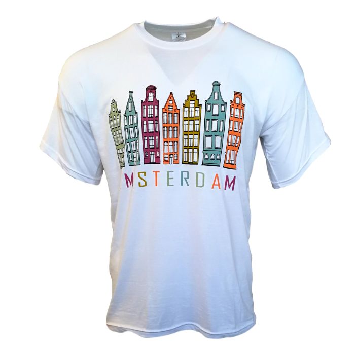 T-Shirt Amsterdam Gekleurde Grachtenpanden , Wit