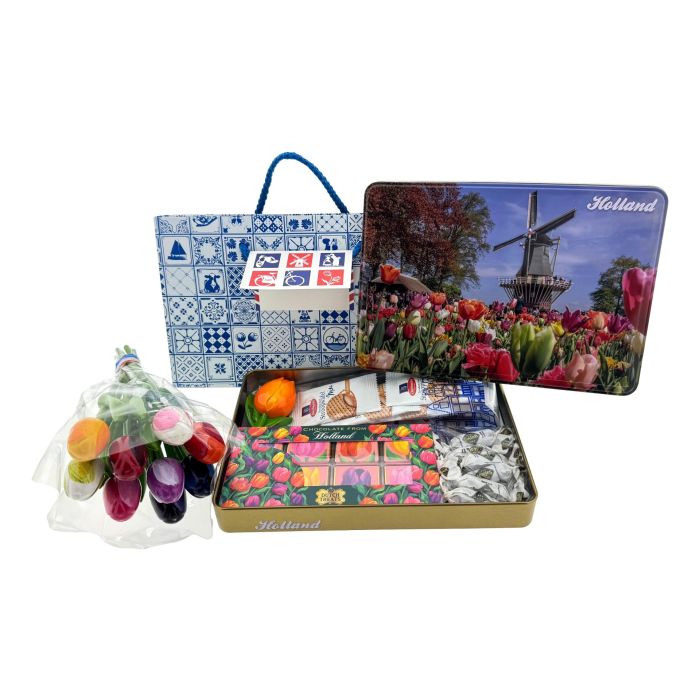 Colorful & Tasty Dutch Gift with Wooden Tulip Bouquet