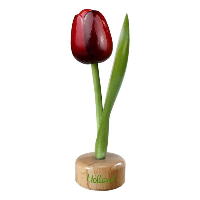 Tulip on wooden pedestal, Red / Aubergine