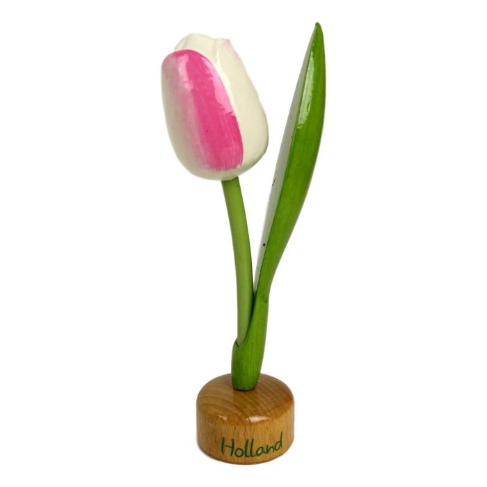 Tulp op houten voet, Wit / Roze