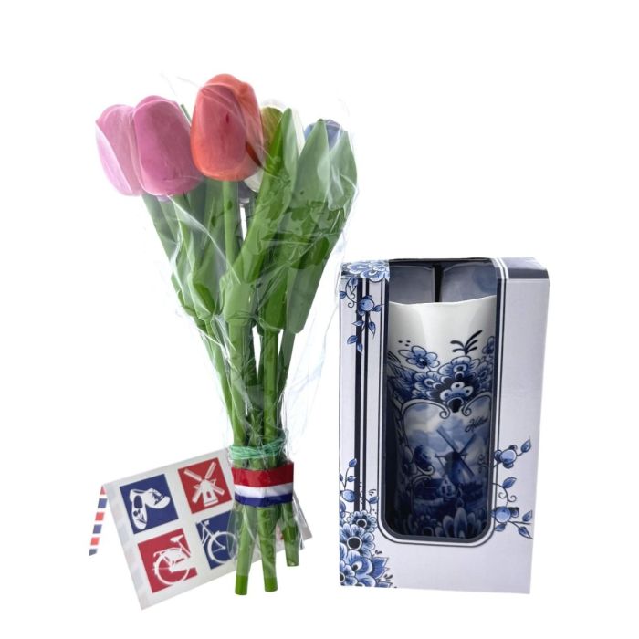Houten Tulpen in Delfts Blauwe Vaas - Mix van 9 Kleuren  - Groot
