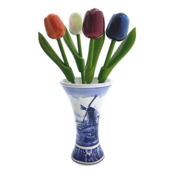 Vase with 4 Wooden Tulips "Mill Landscape"