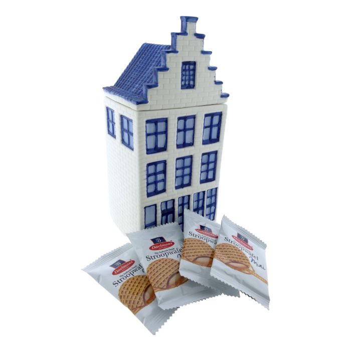 Cadeau Voorraadpot Grachtenhuis Groot met mini stroopwafels 