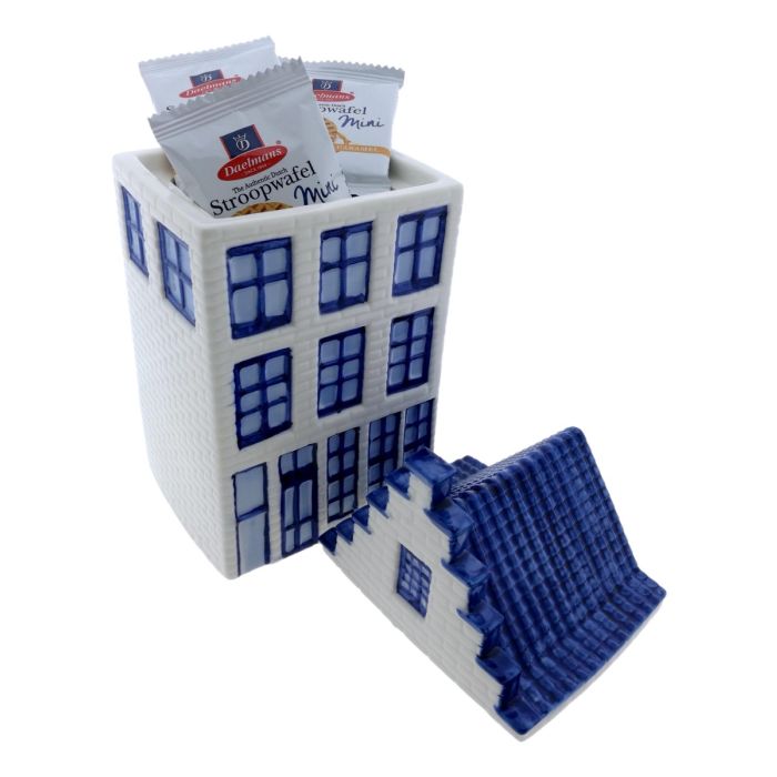 Cadeau Voorraadpot Grachtenhuis Groot met mini stroopwafels 
