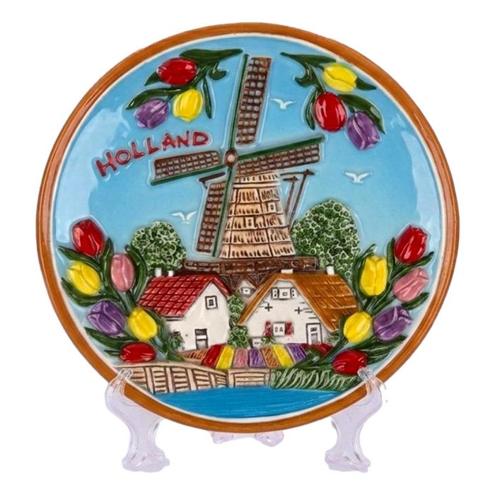 Wall plate Dutch tulips and windmill colored, 10 cm (small)