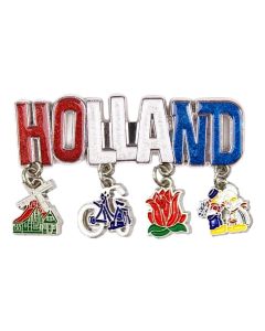 Magneet metaal bedels met glitterletters Holland - zilver