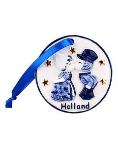 Kerstornament keramiek munt kuspaar - delftsblauw/goud