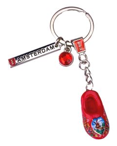Sleutelhanger houten klomp met bedels Amsterdam - rood
