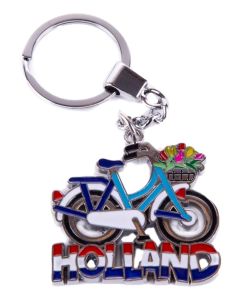 Sleutelhanger "Blauw witte fiets met tulpenmand Holland"