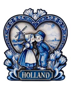 Magneet Kussend Paar in Hart met Tulpen - Delftsblauw   