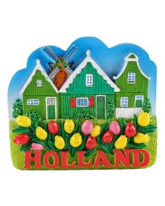 Magneet Hollandse Huisjes met Molen en Tulpen
