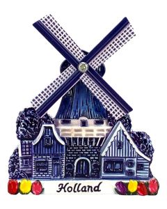 Magneet Hollandse Molen met Tulpen - Delfts Blauw