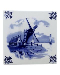 Tegel Delfts Blauw "Molen met Boot" , 13 cm 