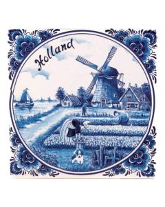Delftsblauwe Tegel "Boerenlandschap met tulpen", 15 cm