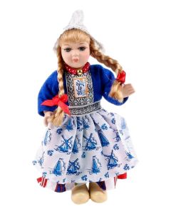 Porseleinen Pop - Nederlandse Klederdracht Blauw , 17 cm