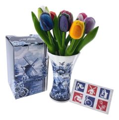 Houten Tulpen in Delfts Blauwe Vaas - Mix van 9 Kleuren - Groot