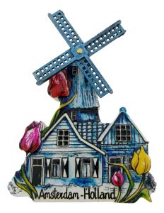 Magnet blue windmill decorated with colorful tulips 
