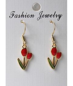 Earrings red tulips with stainless steel goldplated hooks