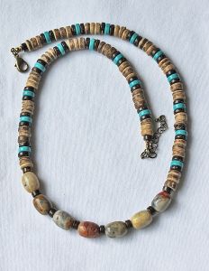 Ketting Agaat, kokos en turkooiskleur howliet