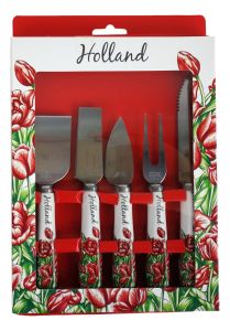 5 delige kaasmessenset "Rode Tulpen"