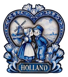 Magneet Kussend Paar in Hart met Tulpen - Delftsblauw