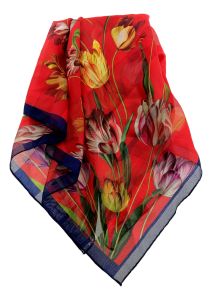 Scarf "Red with colored tulips and blue border"