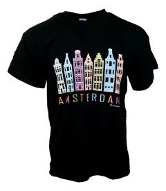 T-Shirt Amsterdam Gekleurde Grachtenpanden , Zwart