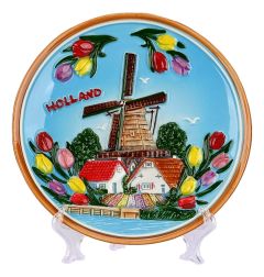 Plate Delft blue Dutch windmill and tulips, 15 cm (medium)