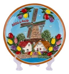 Wall plate Dutch tulips and windmill colored, 10 cm (small)