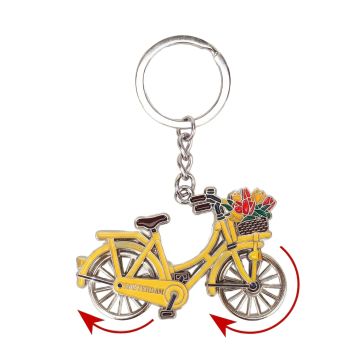 Metalen sleutelhanger fiets met draaiende wielen Amsterdam - geel