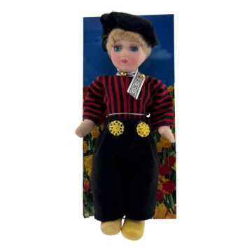 Klederdracht Pop Jongen Volendam Zwart/Rood, 17 cm