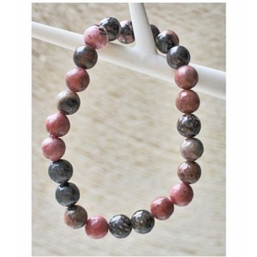 Armband 8mm Rhodoniet kralen, roze-zwart