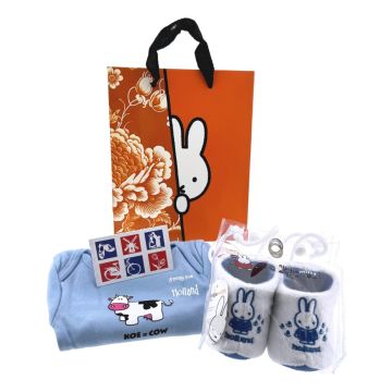 Cadeauset Baby Romper Blauwe Koe met Slofjes