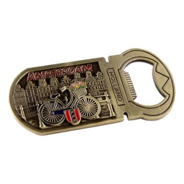Magneet Fles Opener Fiets met glitter letters Amsterdam - Brons