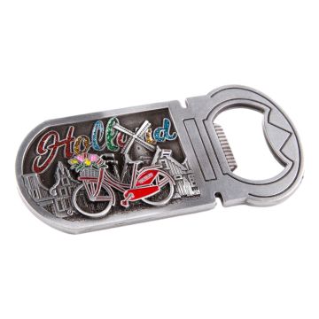 Magneet Fles Opener Fiets met glitter letters Holland - tin