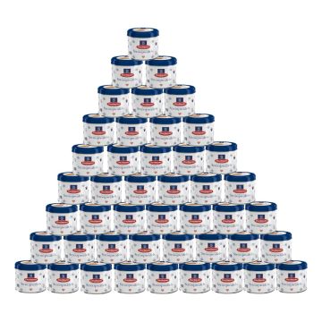 Heel veel blikken met stroopwafels. Zijn het er 60? Meer of minder?