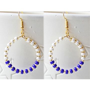 Ronde oorbellen met 4mm Miyuki kralen donkerblauw en zacht wit