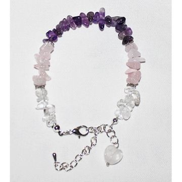 Armband splitkralen Bergkristal, Amethist en Rozekwarts met rozekwarts hartje
