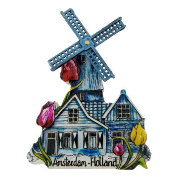 Magneet licht blauwe molen versierd met tulpen Groot 