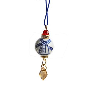Christmas pendant delftblue mill with facetted red bead