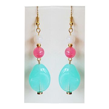 Lange kunststof oorbellen, aqua, cerise en creme