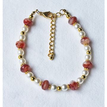 Armband met zacht rood gestreepte glaskralen, 20cm