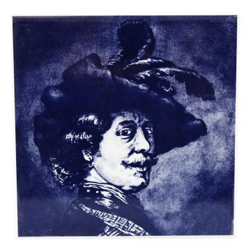 Delfts blauwe tegel - "Tronie van een man met gevederde baret", 15  cm 