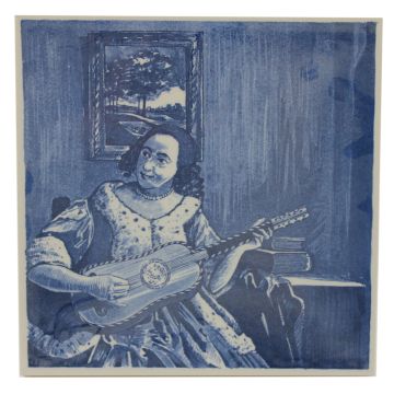 Delft blue tile - "The guitar player, Vermeer", 15 cm
