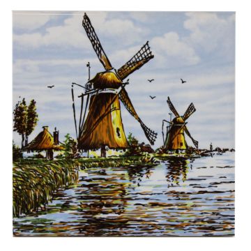Polychrome tegel- "Twee molens" , 15 cm 