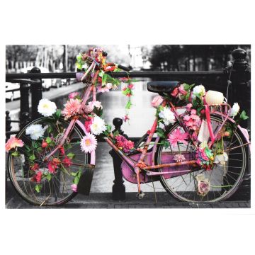 Postkaart roze fiets met bloemen