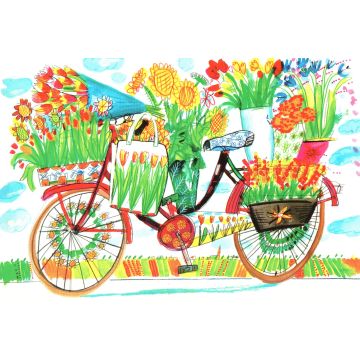 Postkaart kleurrijke fiets met bloemen